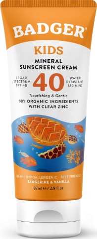 Badger Kids Mineral Sunscreen Cream SPF 40, 98% Organic Ingredients, Zinc Oxide Sunscreen for Kids Face & Body, Water Resistant, Reef Friendly, Hawaii Approved Broad Spectrum Sunblock, 2.9 fl oz