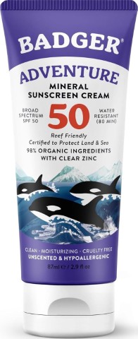 Badger Reef Safe Mineral Sunscreen, SPF 50, 98% Organic with Zinc Oxide, Non Toxic, Water Resistant, Unscented & Hypoallergenic, Broad - Spectrum, For Adventure & Sport, 2.9 fl oz