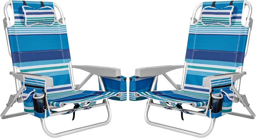 2Pk Aluminum Extra Wide 5-Position Lay Flat Folding Backpack Beach Chairs for Adults