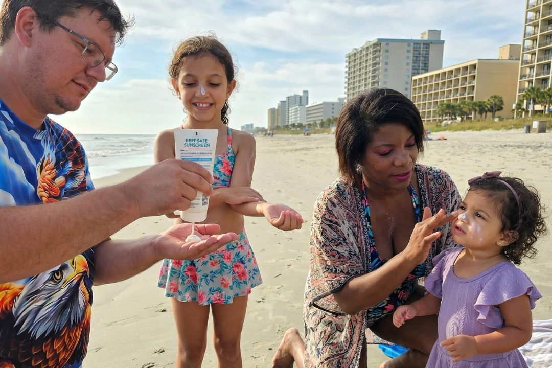 How To Protect Your Family From the Sun at the Beach (10 Eco-Friendly Ways) - Reaaply reef safe sunscreen while at the beach