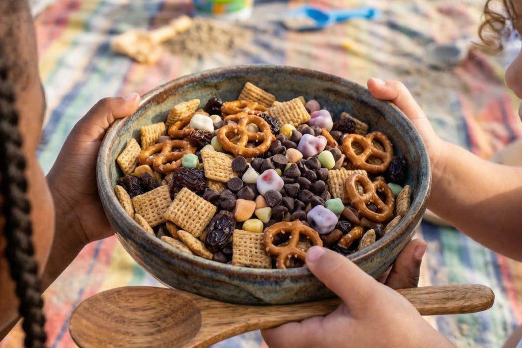 Simple beach trail mix snack mix with cereal pretzels and dried fruit in a bowl for kids beach snack