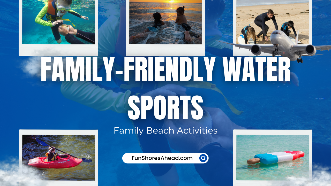 Family enjoying water sports at the beach with kids paddleboarding, playing in waves, and having fun in the ocean.