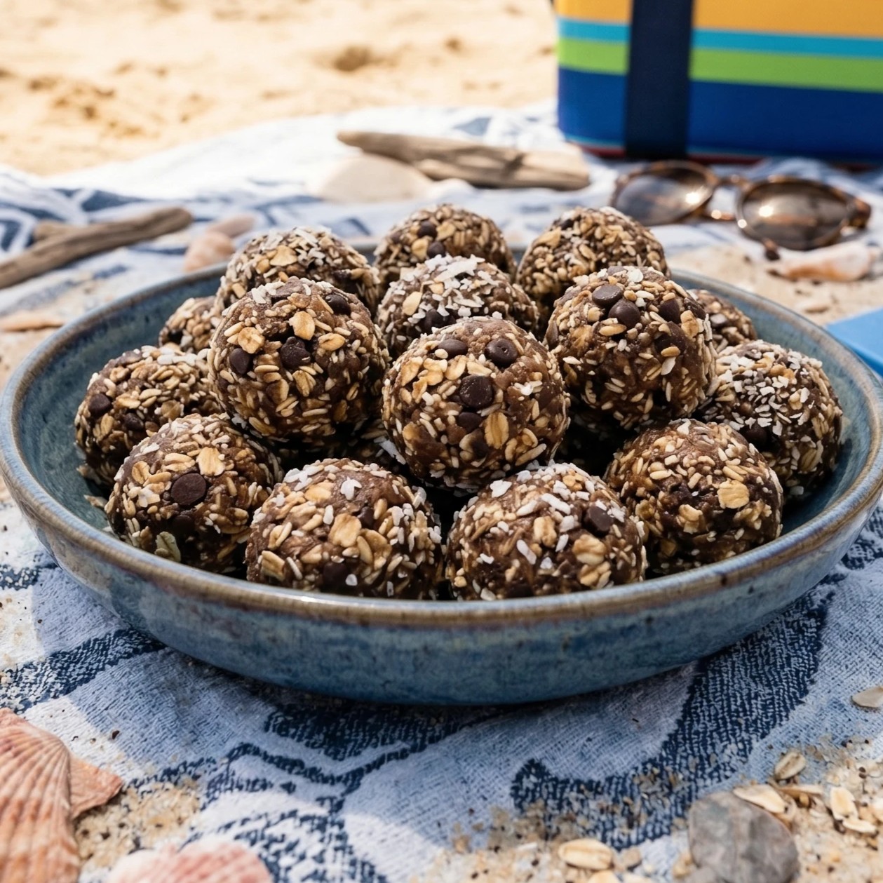 no-bake-beach-energy-bites-on-a-sandy-beach-towel-with-seashells-and-a-cooler-nearby