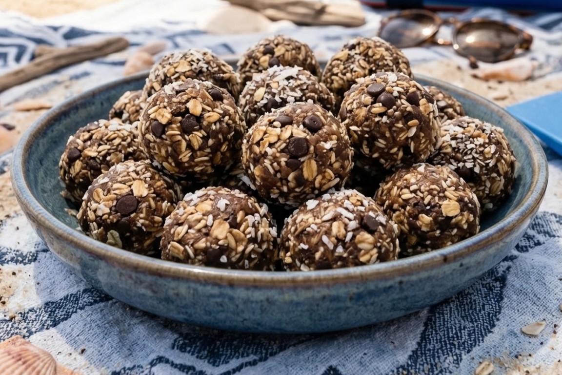 no-bake-beach-energy-bites-on-a-sandy-beach-towel-with-seashells-and-a-cooler-nearby